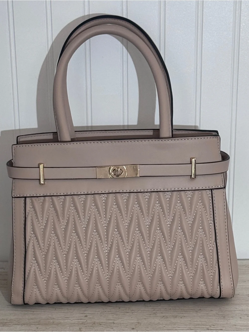 Cream Quilted Satchel with Gold-Tone Accent